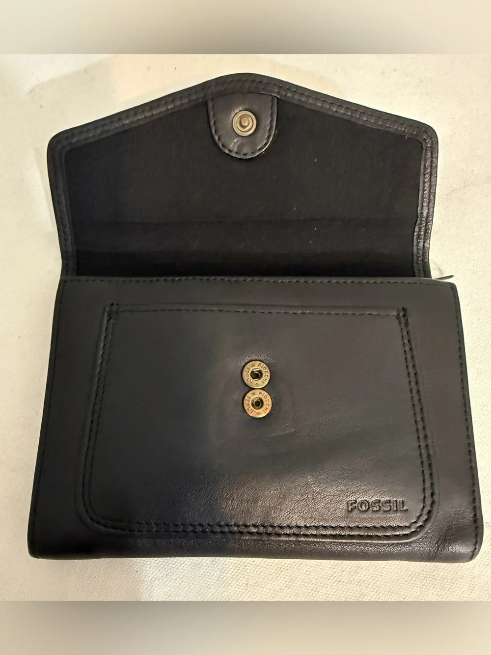 Fossil Black Genuine Leather Wallet Vintage Snap Closure Y2K